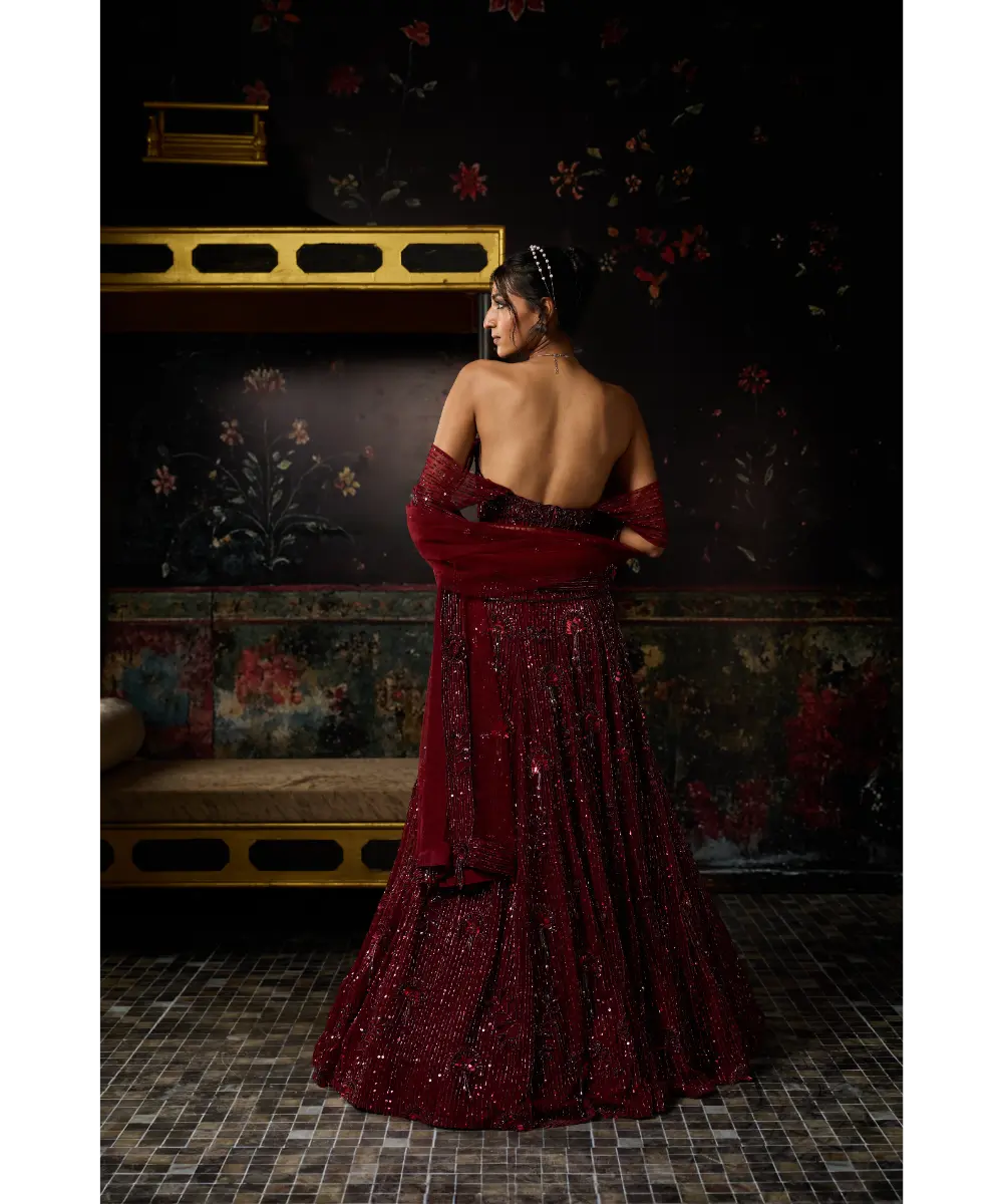 DIYARAJVVIR - MAROON EMBELLISHED 3D FLORAL LEHENGA SET